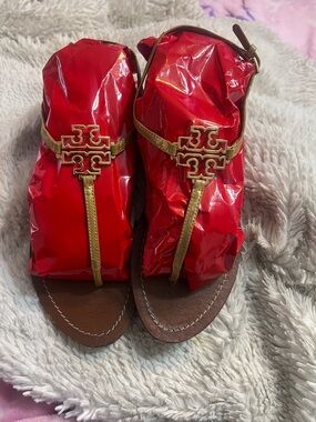 Tory Burch Red and Gold T-Strap Sandals